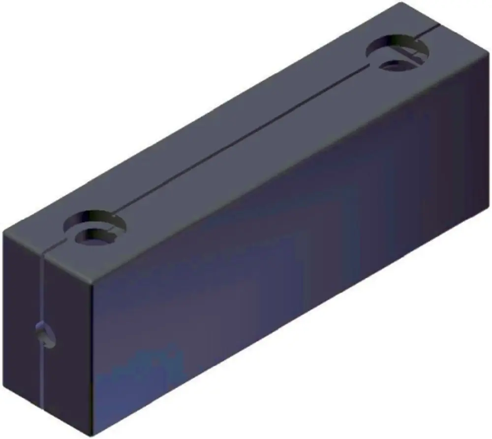 Hydraulische Weiche von Wolf, rechteckige Form in dunkler Farbe, mit zwei runden Löchern und einer Längsrinne für Leitungssysteme.